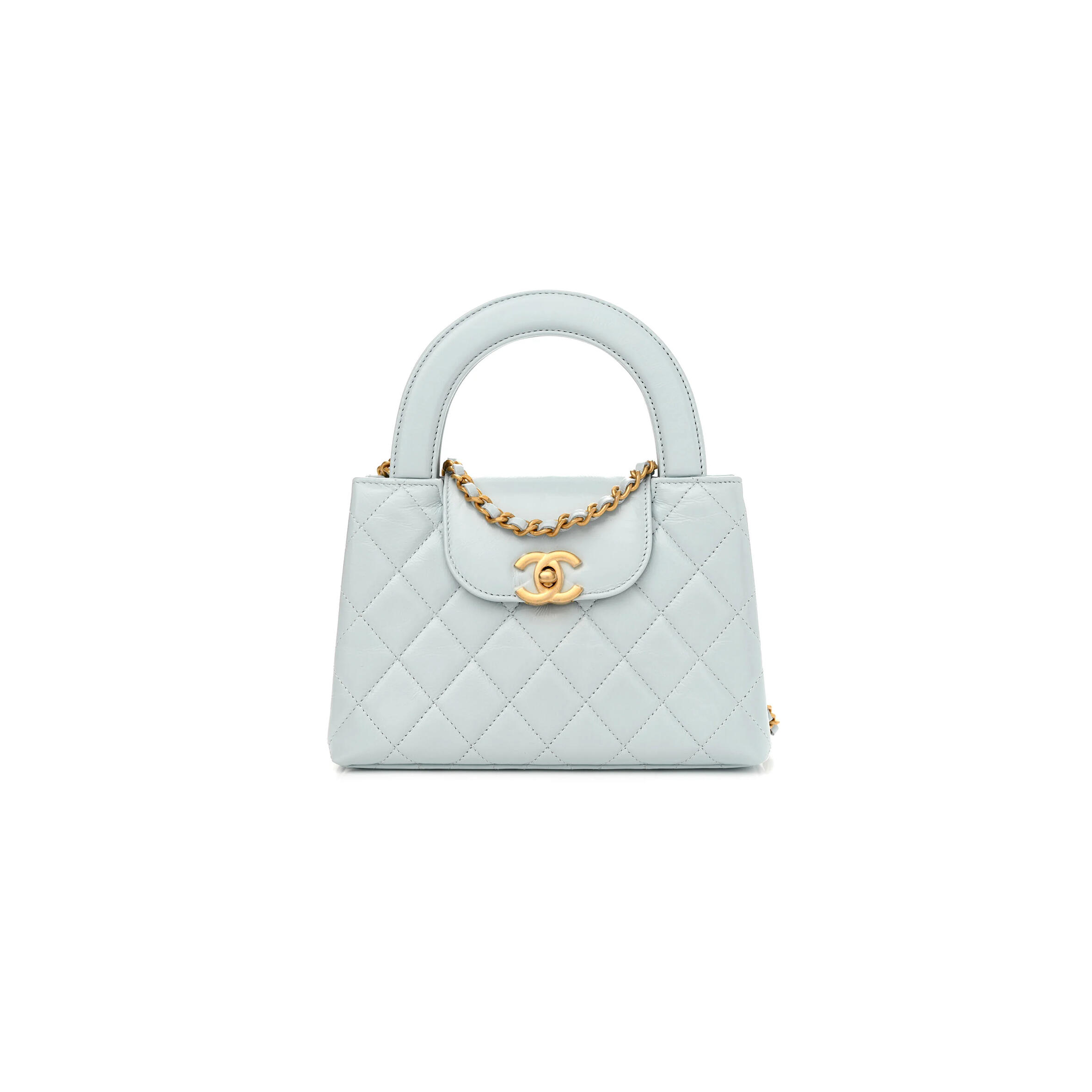Ch**elshiny aged calfskin quilted nano kelly shopper light blue as4461 01 (19*13*6cm)